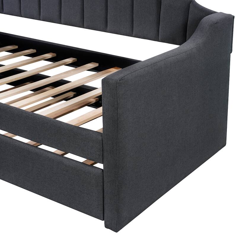 Twin Daybed with Trundle, Upholstered in Polyester, Comfortable Guest Bed with Extra Sleeping Space