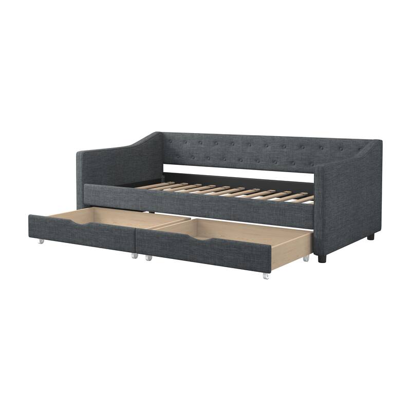 Linen Upholstered Daybed with 2 Drawers, Wooden Platform Sofa Bed Frame with Button Tufted Backrest, No Box Spring Needed