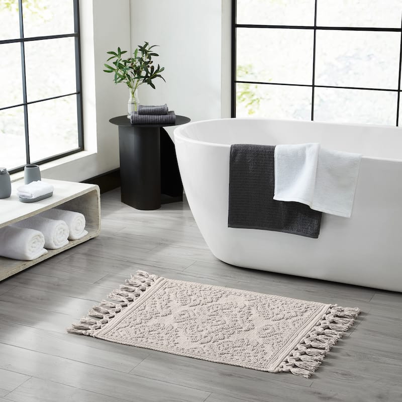 Jean Pierre Ricardo Cotton Fringe Bath Rug - 17" x 31" - Light Gray