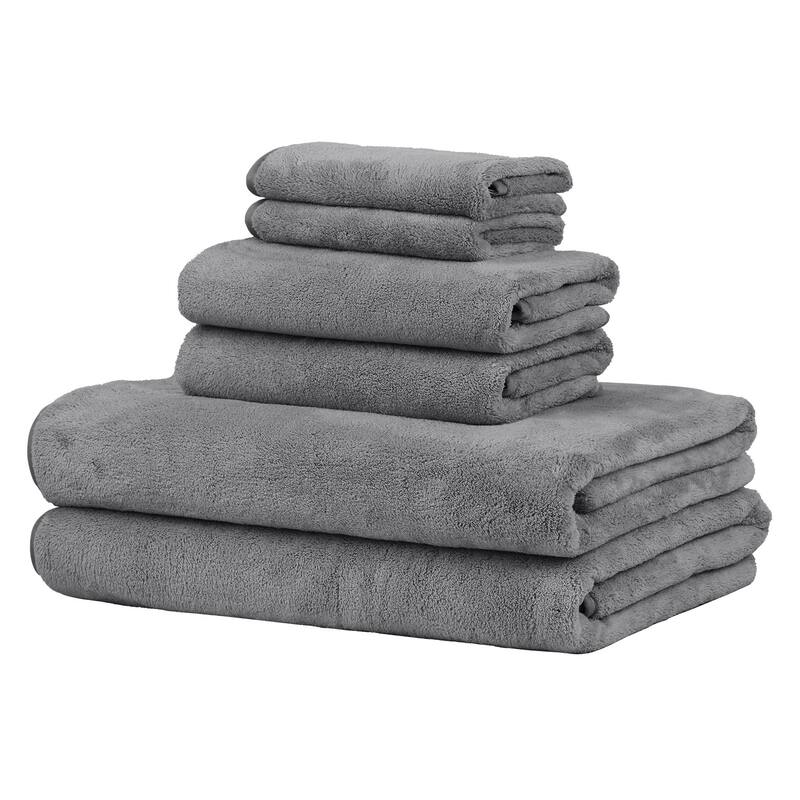 6-Piece Fleece Towel Set(2 Bath Towels,2 Hand Towels,2 Washcloths) - Grey