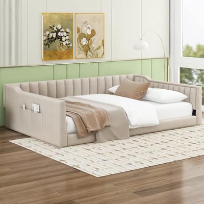 Full XL Size Velvet Platform Bed, Upholstery Daybed Bed Frame with Side Storage Pocket and Wooden Slat Support