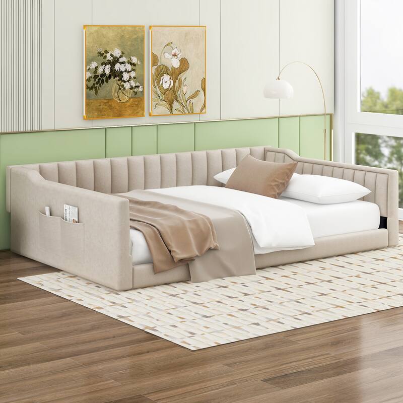 Upholstered Daybed with Sloped Arms and Side Pocket, Vertical Stripes Grounded Daybed with Wood Slat Support, Velvet Fabric - Beige - Full