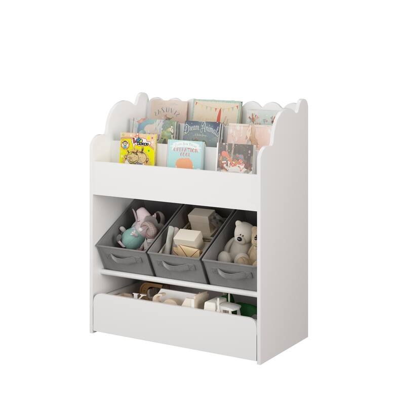 Kids Bookshelf with Storage Bins and Drawer,Multi-Functional Wooden Book Organizer for Toddlers,White Bookcase for Toys, Books