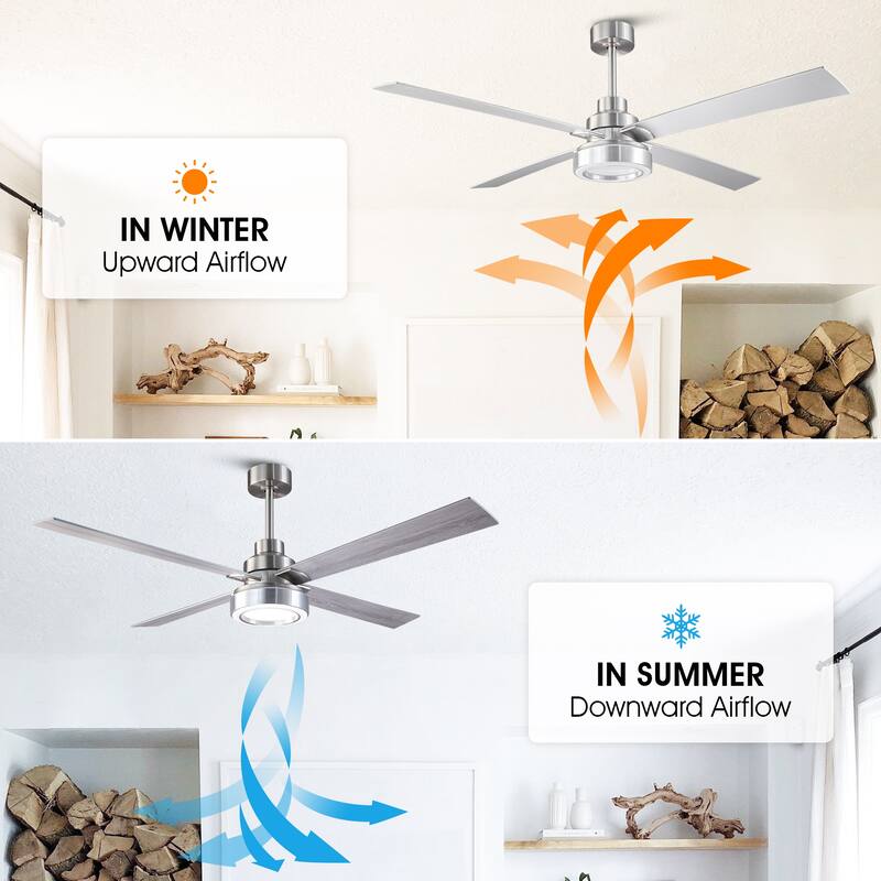 Vaczon 60" Modern Brushed Nickel Integrated LED Smart Ceiling Fan with Light and App