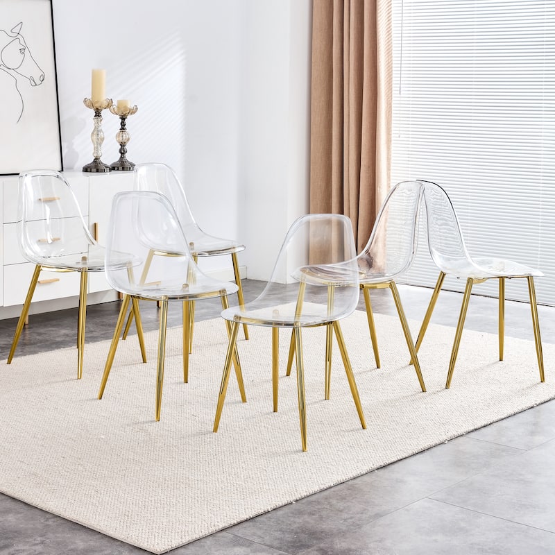Modern minimalist armless crystal dining chair, plastic chair set of 6 with metal legs - Golden