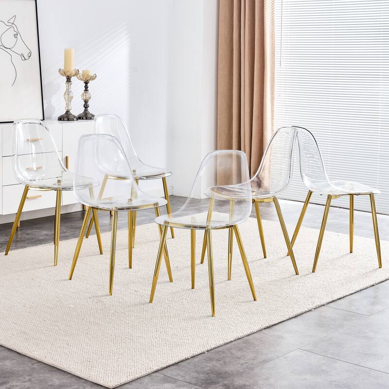 Roomfitters Transparent Plastic Dining Chairs with Silver Metal Legs, Armless Crystal Style Makeup or Office Set of 6 - Golden