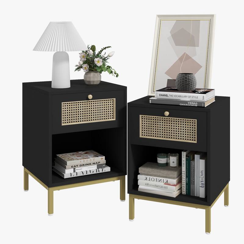 Rattan End Table/ Nightstand with Drawer, Farmhouse Boho Bed Side Table