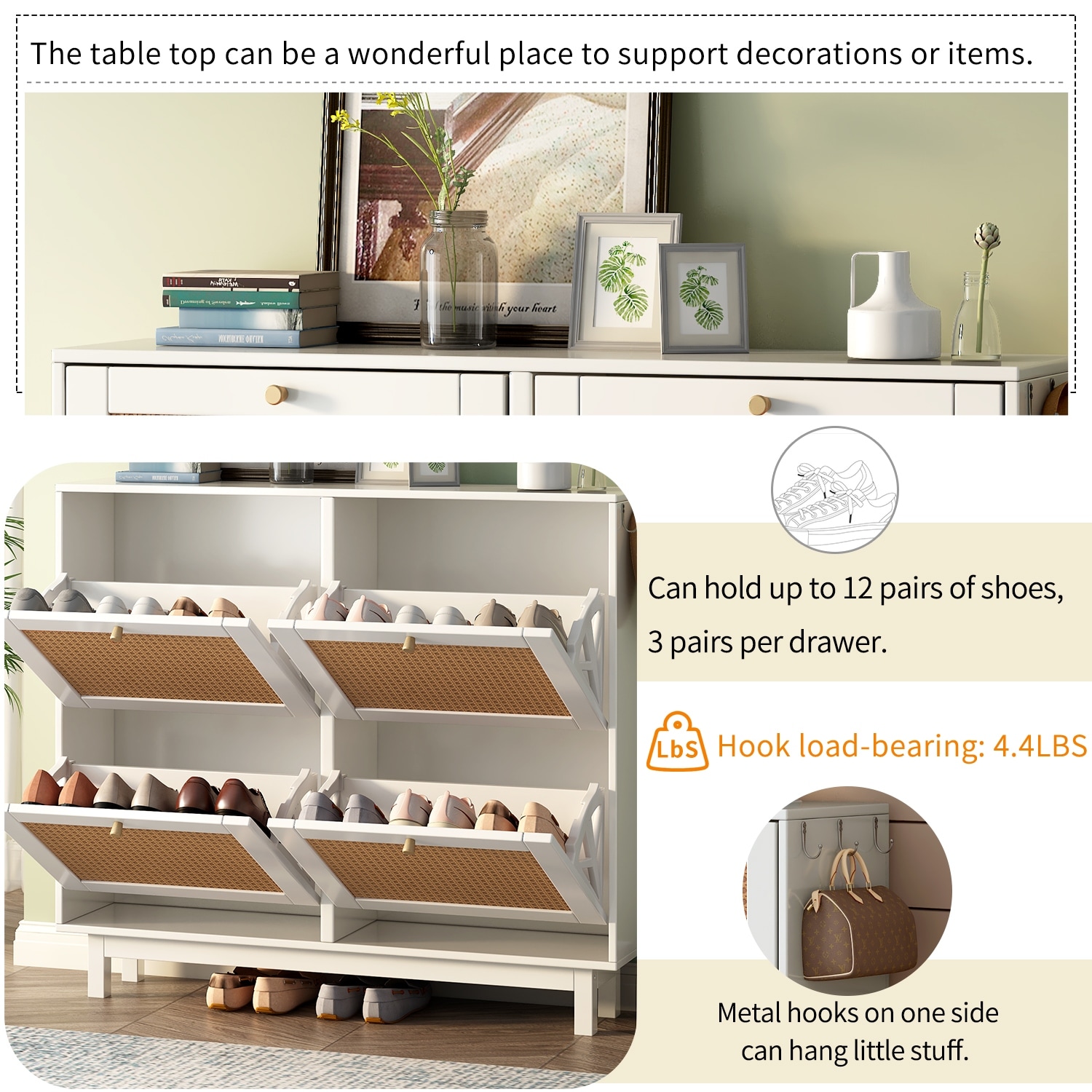 Boho Style Shoe Cabinet with 4 Flip Drawers Rattan 2 Tier Shoe