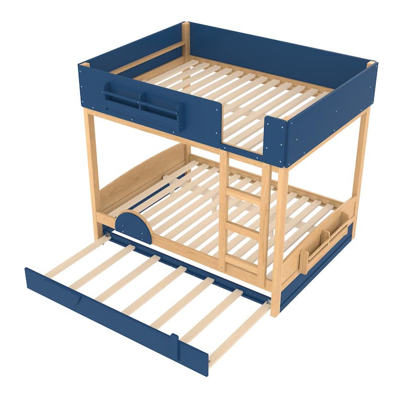 Queen/Full Bunk Bed with Trundle, Built-in Bookshelf & Safety Guardrail, Automobile Design