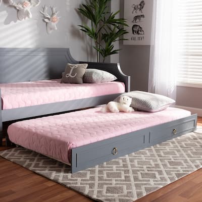Twin Size Trundle Bed - Grey Wood Frame, Classic Design, Roll Out Guest Bed