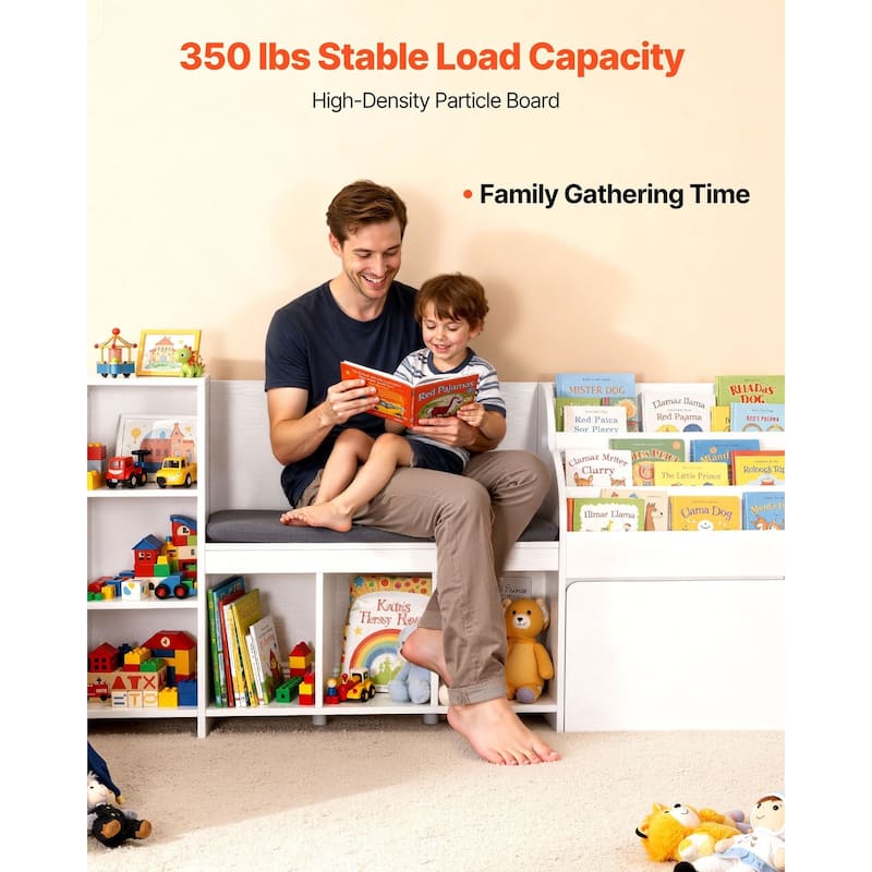 Kids Reading Nook, Wooden Storage Bench with Backrest, Kids Bookshelf & Toy Organizer, Large Toy Box Chest for Playroom