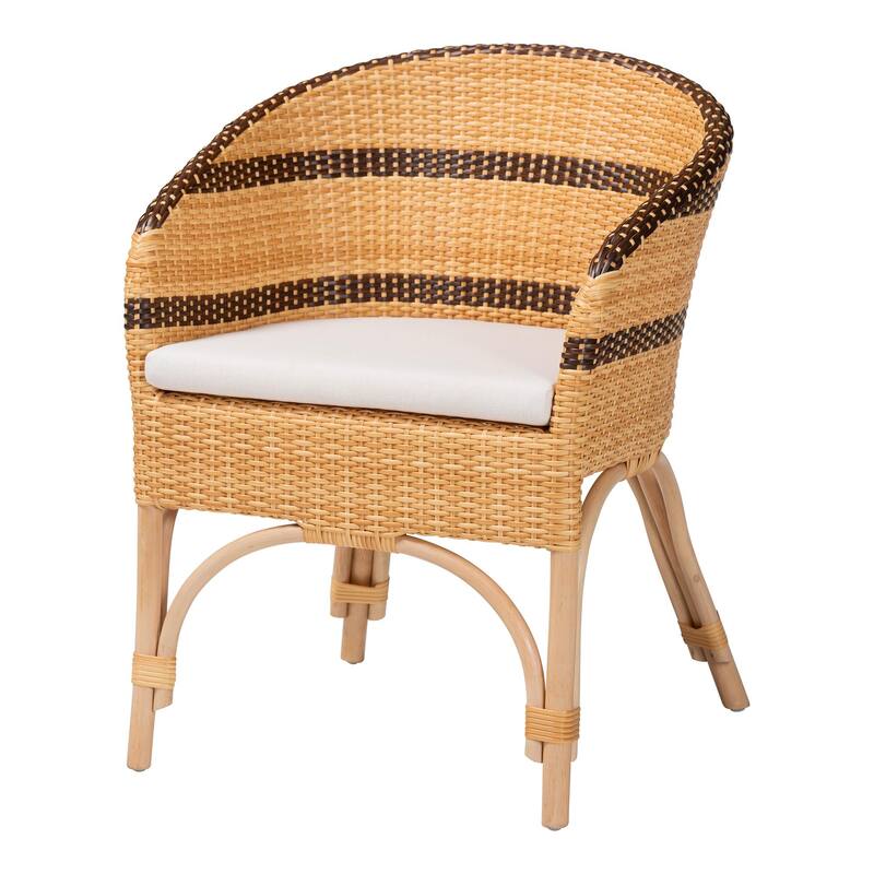 Elma Rattan Dining Chair with Cushion - Barrel-Back Accent Chair with Synthetic and Natural Rattan, Boho Coastal Style - Natural Brown, Dark Brown