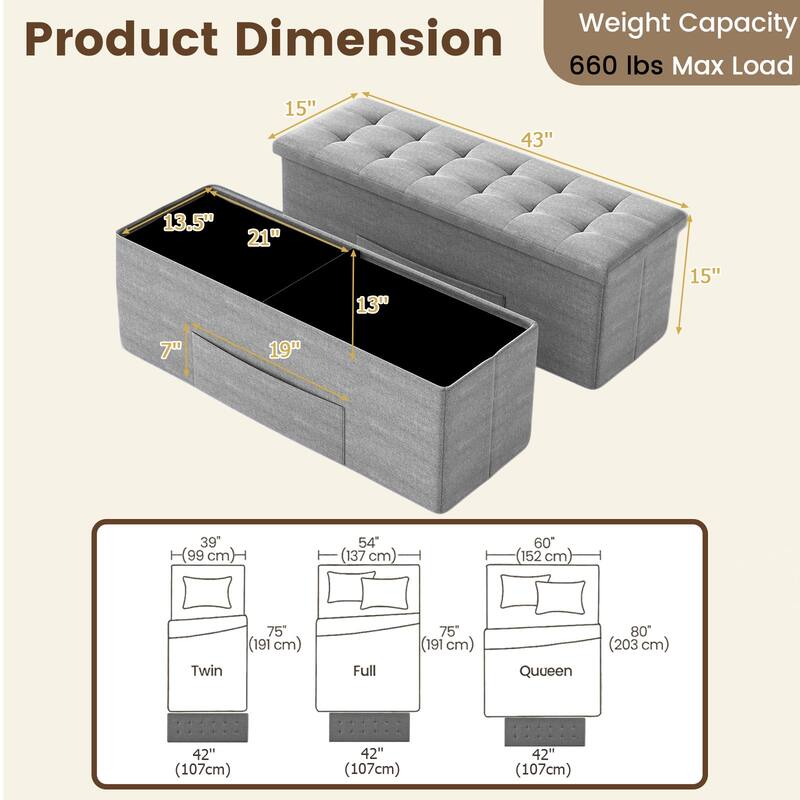 Large 38 Gallon Linen Fabric Storage Ottoman Bench Folding Multipurpose Footrest and Seat with Foam Cushion - 43" × 15" × 15"