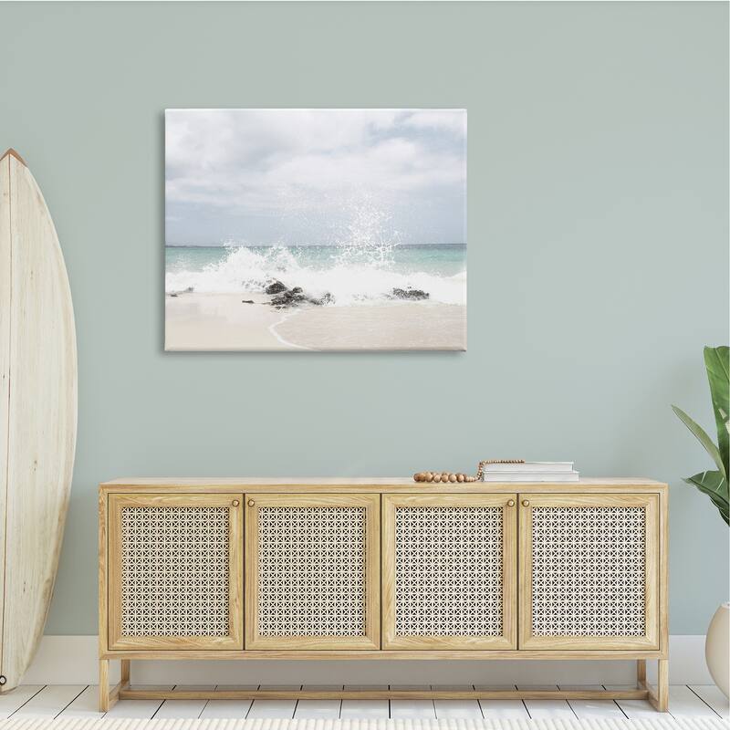 Stupell Tropical Sea Coast Wave Splash Rocky Sand Beach Canvas Wall Art - Blue