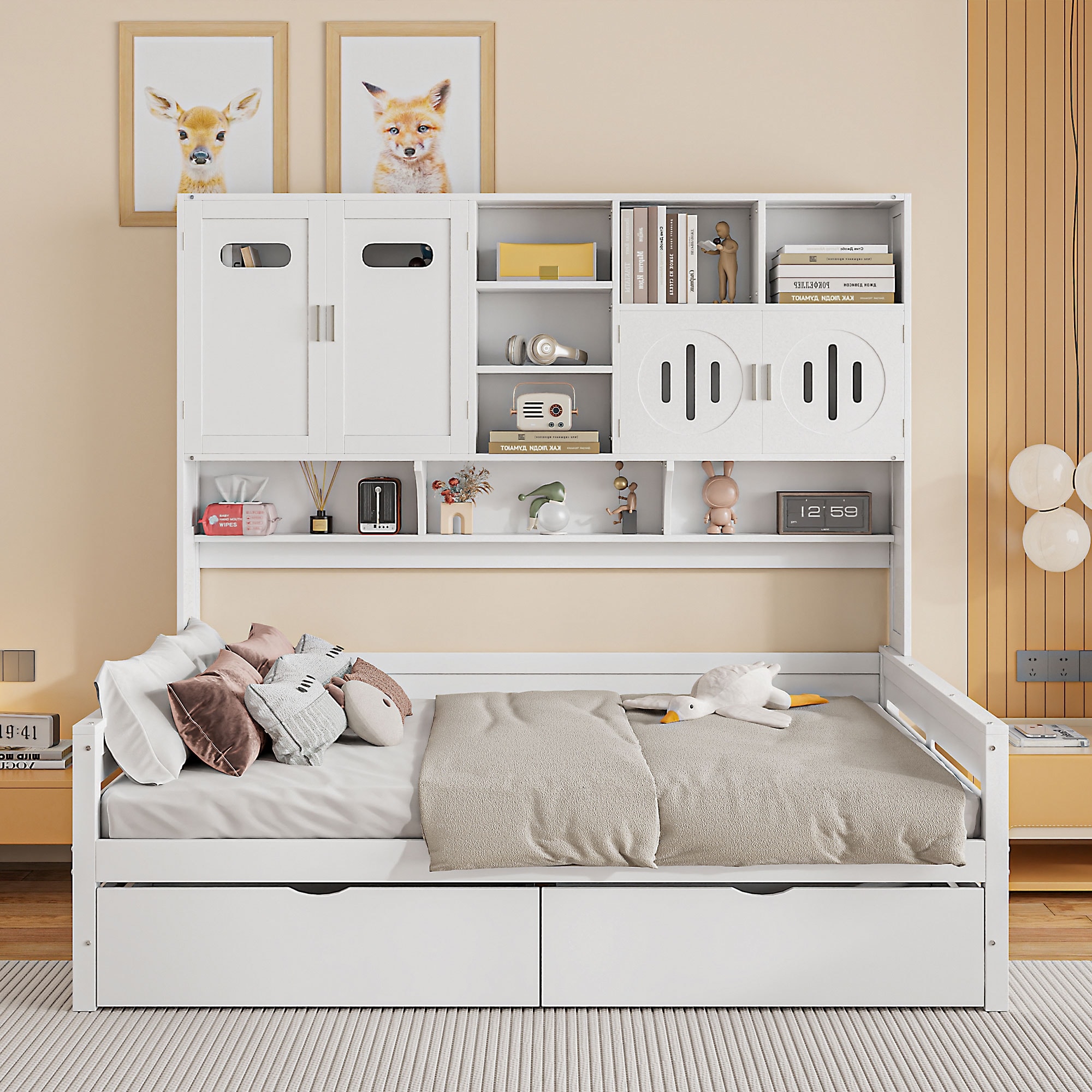 White Full Size Daybed with All-in-One Cabinet and Shelf, Bedroom Flexible  Storage Bed Frame with 2 Drawers, image size:2000x2000