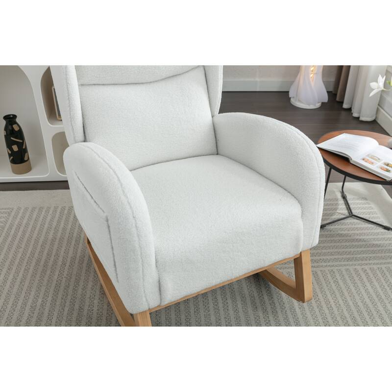 Glider Rocking Chair with Wing Back, Teddy Leisure Chair with Wood Legs, Upholstered Rocker Chair with Side Pocket
