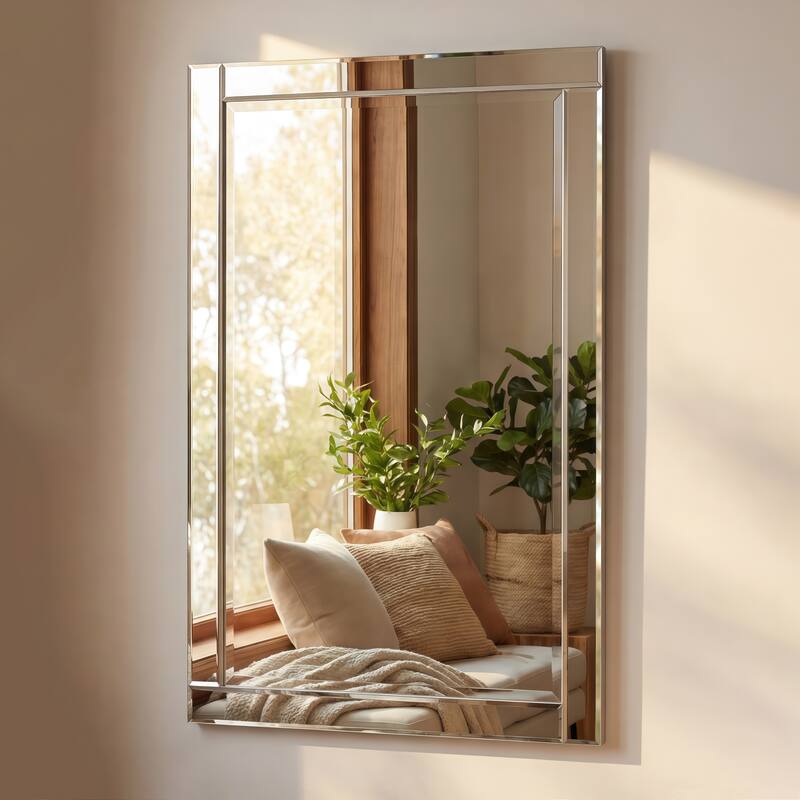 Beveled Rectangle 1"-Beveled Center Wall Mirror with Solid Wood Frame - Clear