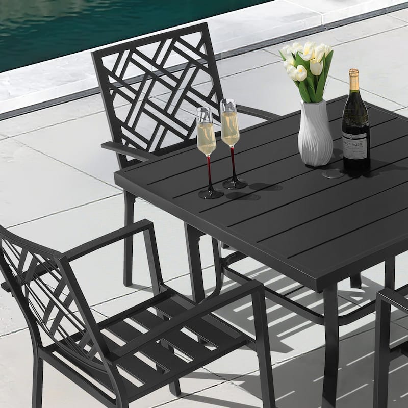 Metal Patio Dining Set with Umbrella Hole and Stackable Chairs