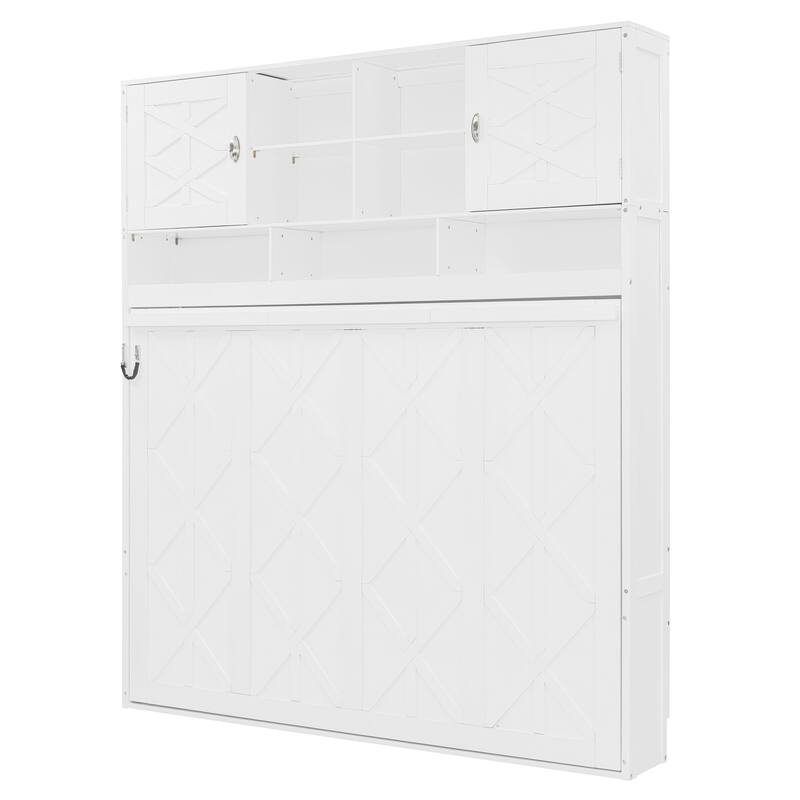 Queen Size Wall-Mounted Murphy Bed with Storage and Decorative Panels, White