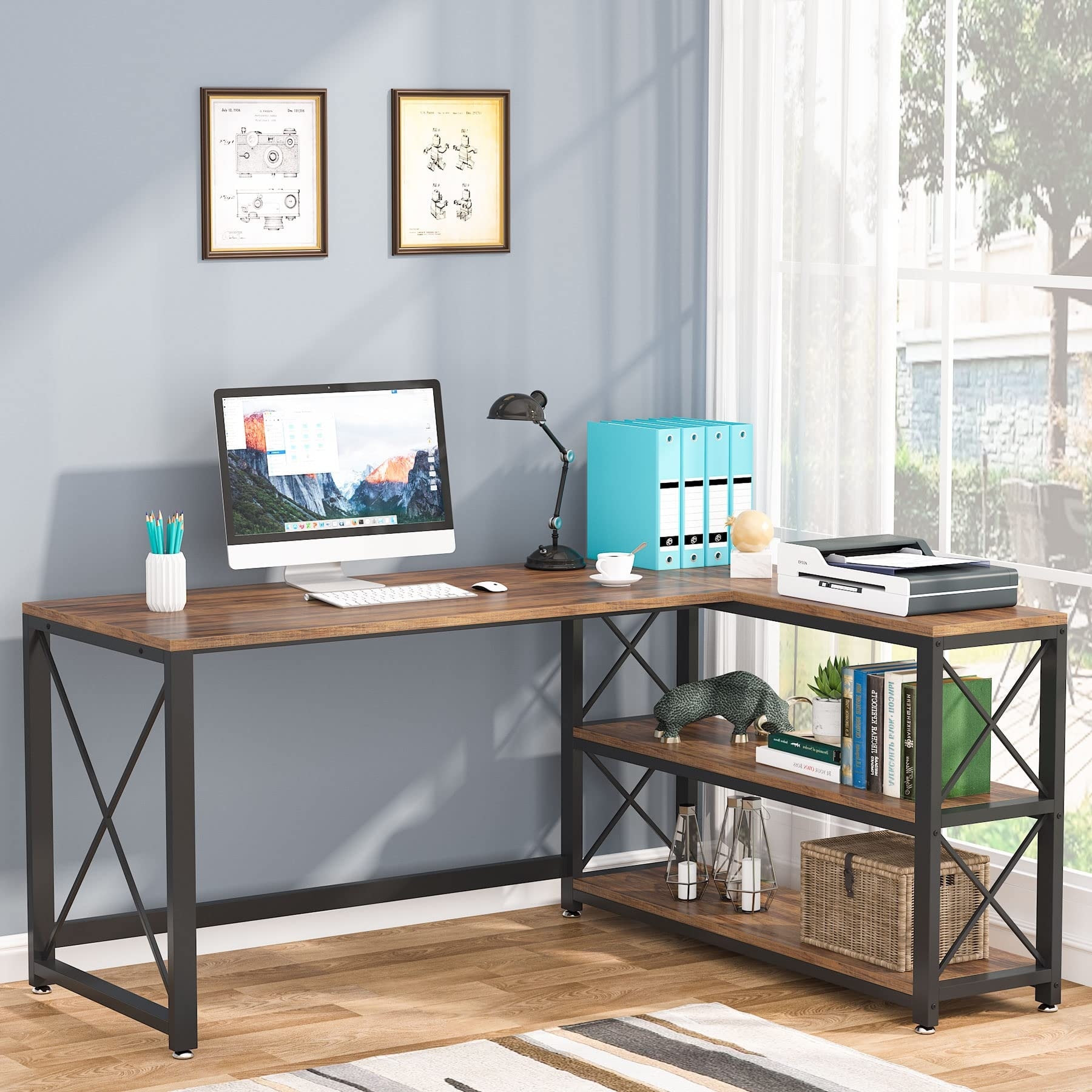 Industrial L Shaped Desk with Storage Shelves Corner Computer