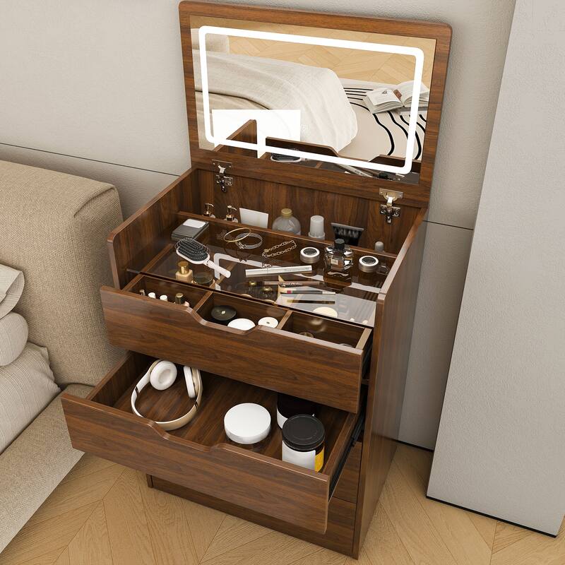 3-in-1 Vanity Desk with Flip Top LED Lighted Mirror, Compact Dressing Table and Makeup Stool Set