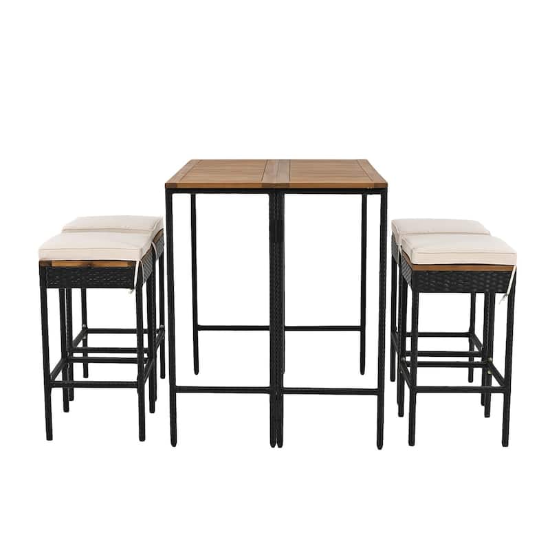Merax 5-Piece Outdoor Acacia Wood Bar Height Table And Four Stools With Cushions