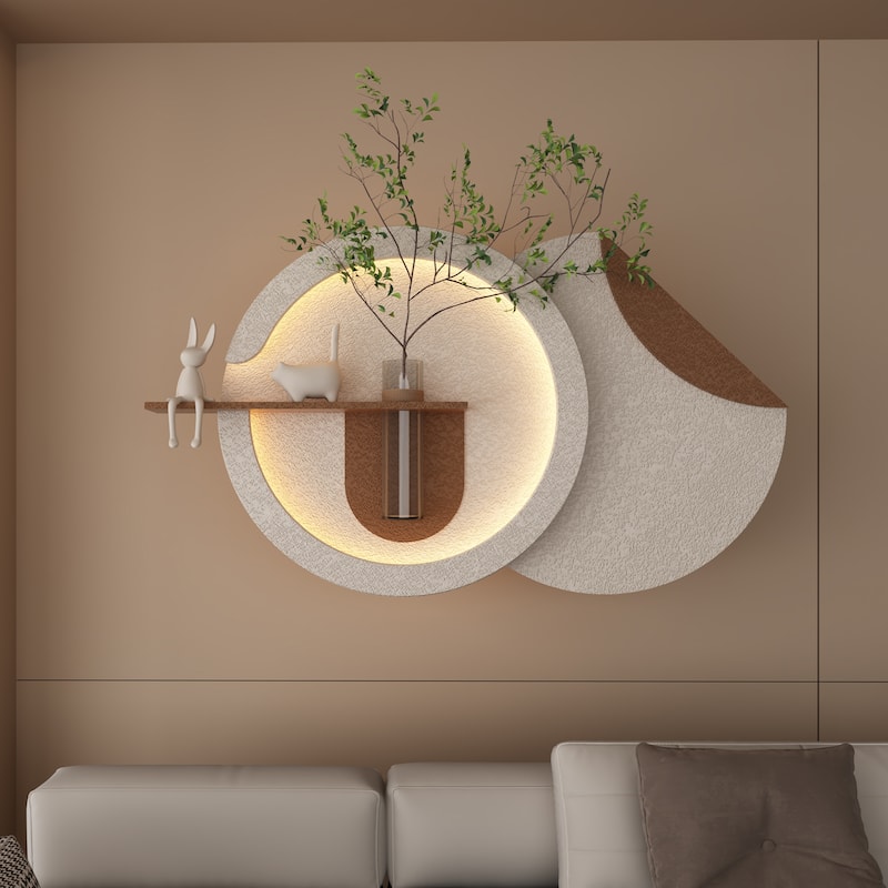 Roomfitters LED Sandstone Wall Art, 3D Round Sculpture with Light and Fake Rabbit Statue, Light Coffee - Light Coffee (Round) - 23.62 inch x 41.34 inch x 4.72 inch