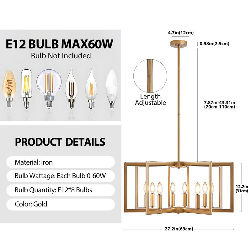 27" Modern Geometric 8-Light Chandelier - Industrial Metal Pendant Light Fixture for Living Room (Bulb Not Included)