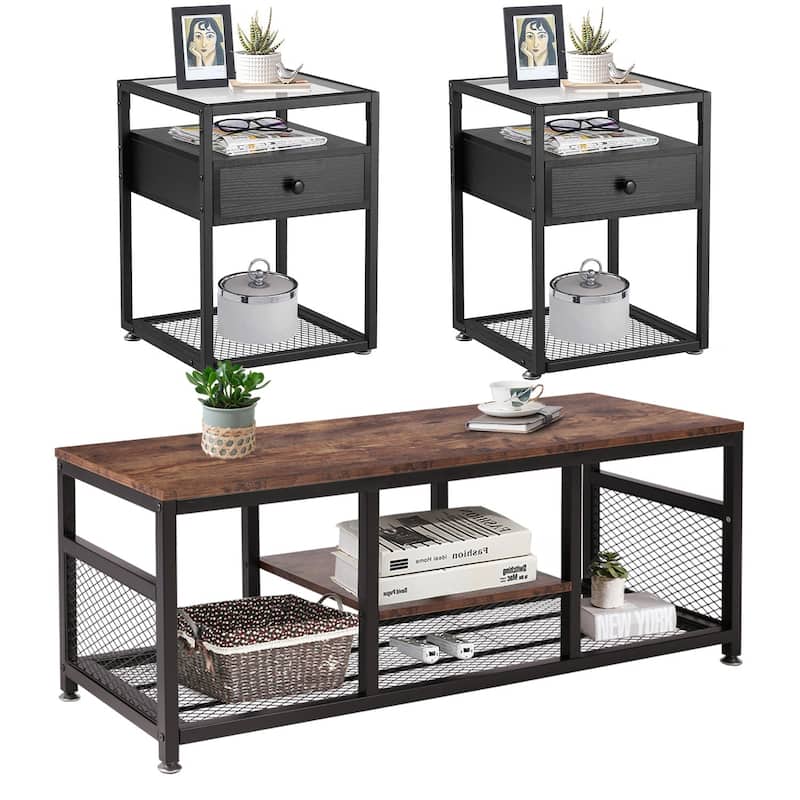 Taomika 3 Pieces Modern Coffee Table Set with Storage Shelves,Brown/Black Sets - Brown&Black