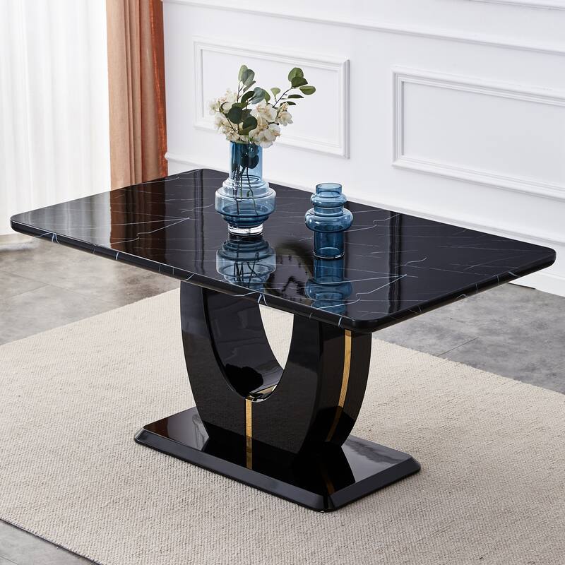 63" Modern Simple Luxurious Black Imitation Marble Grain MDF Dining Table, Rectangular Office Table - Black