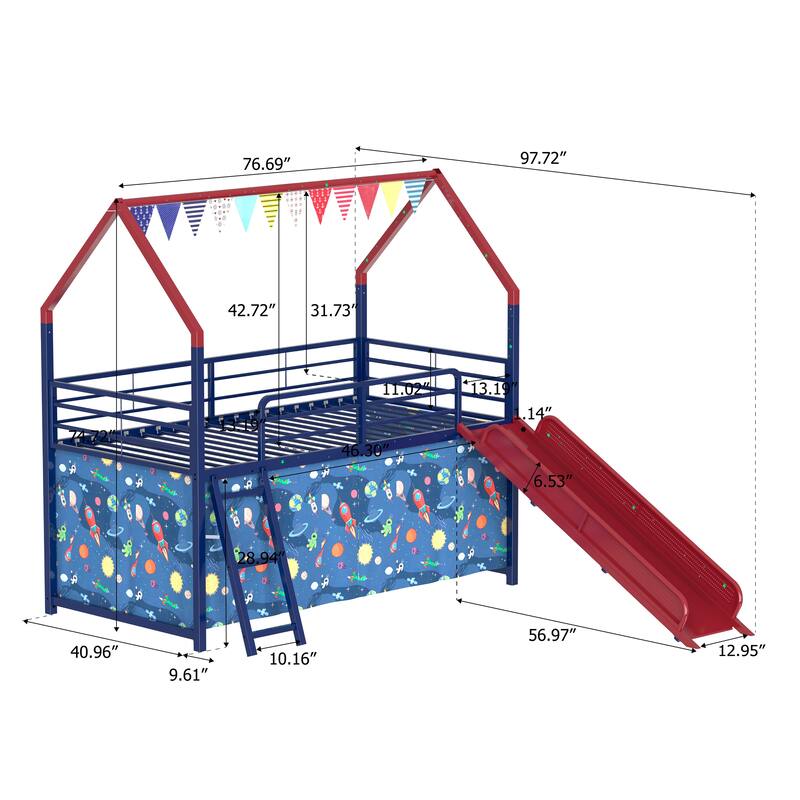 Metal Junior House Twin Loft Bed with Slide and Curtain Set and Pennant Banner Flag and Star Stickers