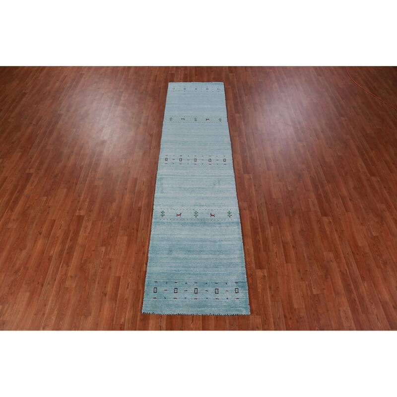 Light Blue Tribal Gabbeh Indian Runner Rug Handmade Wool Carpet - 2'7" x 10'2"