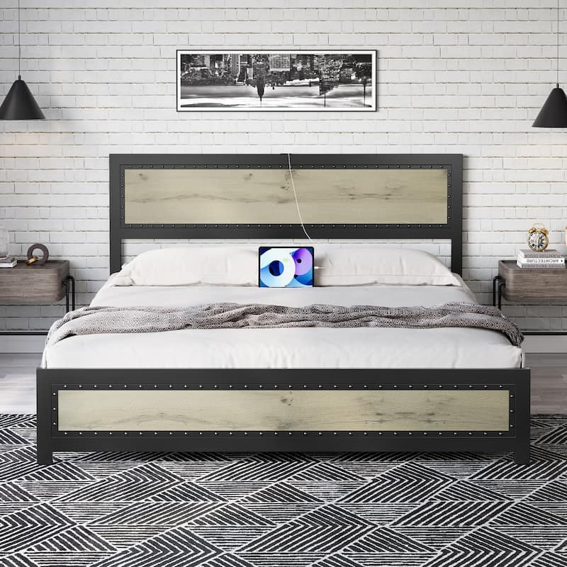 Bed Frame with Headboard - Washed Gray - King
