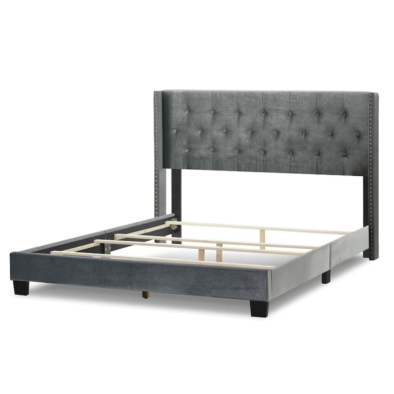 Asali Silver Grey Velvet Bed with Tufting and Nail Headed Wings
