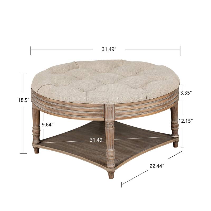 Large Round Ottoman Coffee Table - 2-Tier Button-Tufted with Wooden Shelf Storage