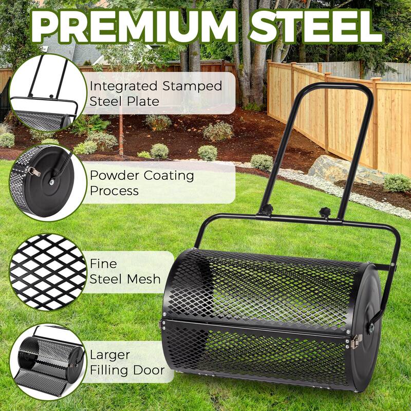 24 Inch Heavy-Duty Black Compost Spreader with Steel Basket for Lawn Garden and Topdressing - (27.8 x 15.7 x 49.2) in