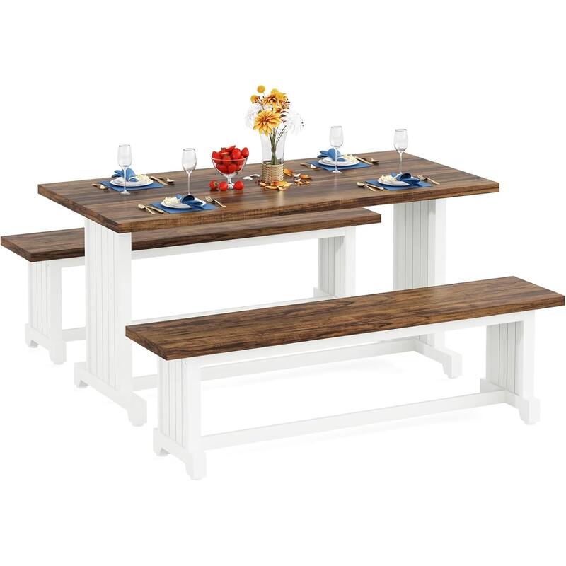 47" Farmhouse 3-Piece Dining Table with 2 Benches