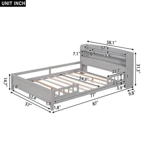 Classic Full Size Platform Kids Bed Frame with LED Light, Multi-functional Storage Headboard and Safety Guardrail, Antique Grey