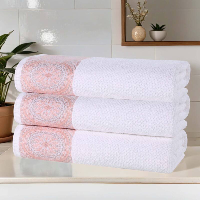 Superior Medallion Cotton Jacquard Textured Soft Bath Towel Set of 3 - White-Emberglow