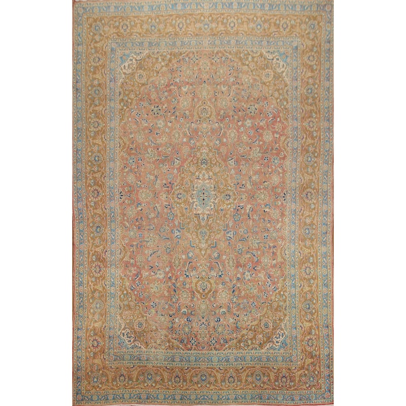 Hand Knotted Oriental 100% Wool Carpet Traditional Floral Pink Mashad Area Rug - 12' 9'' X 9' 4''