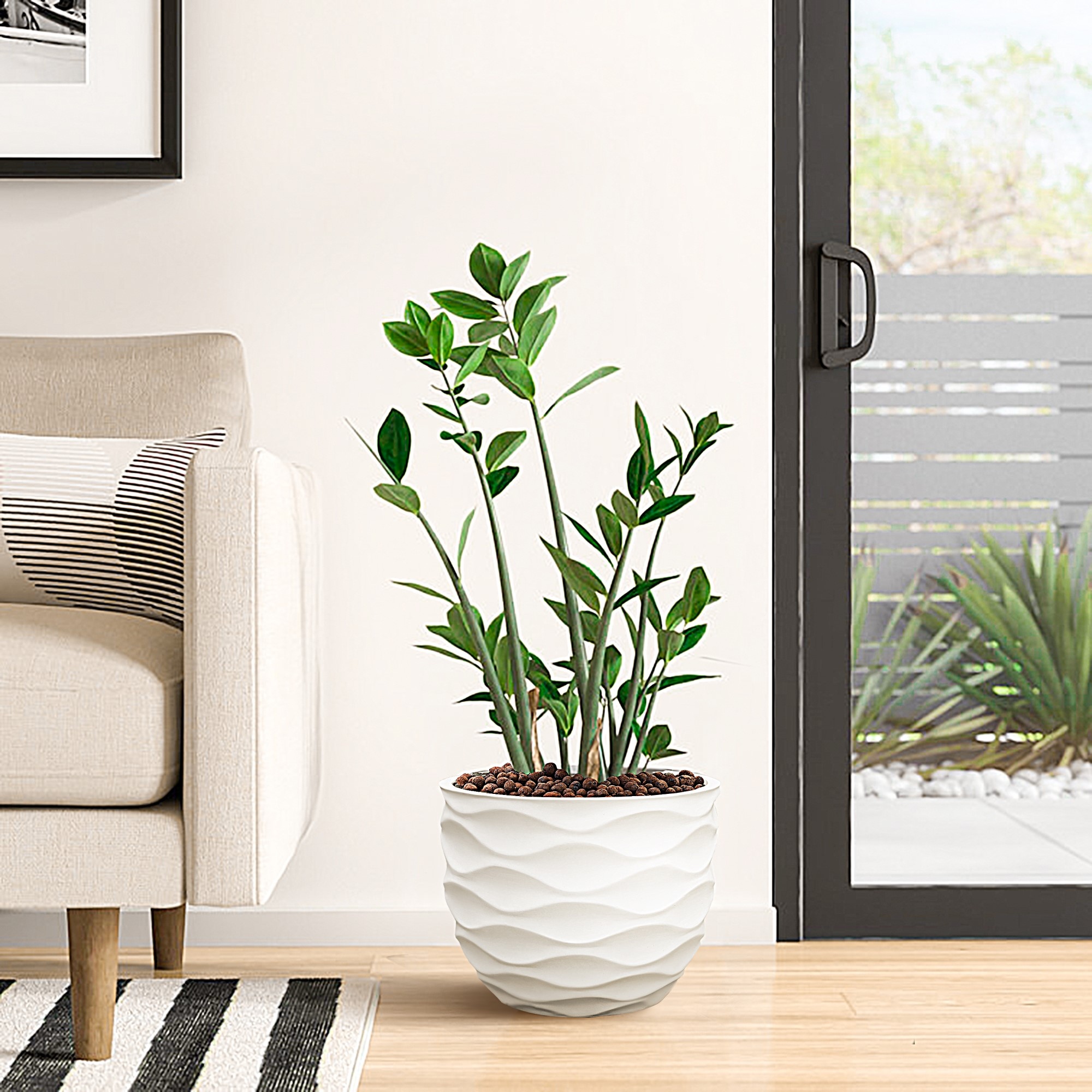 White Horizontal Waves Round MgO Indoor/Outdoor Planter - 11.61" H x 13.39" Diameter