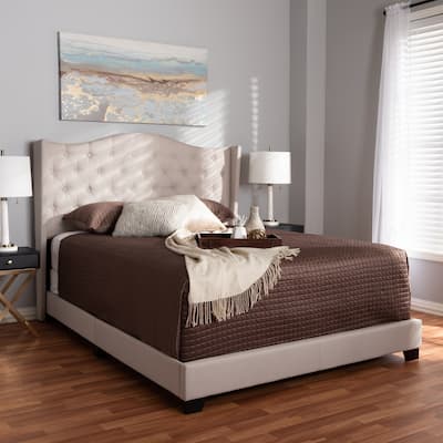 King Size Upholstered Bed - Fabric Cottage Style Bedroom Furniture Beige