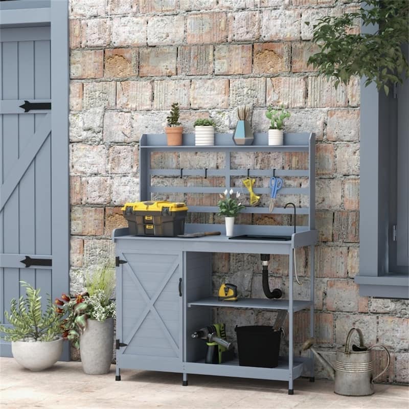 Wooden Garden Work Table with Open Storage & Rubber Foot Covers - 44.1" L x 17.7" W x 57.5" H