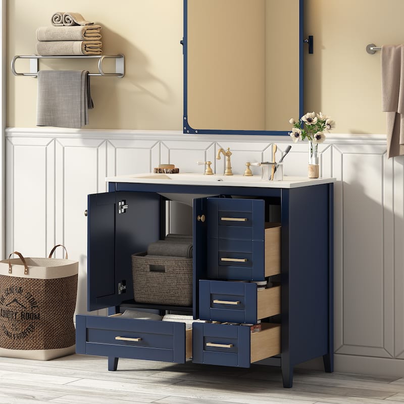 36'' Freestanding Bathroom Vanity Set - Modern Wood Cabinet with Integrated Sink, 4 Soft-Close Drawers & Solid Wood Base.