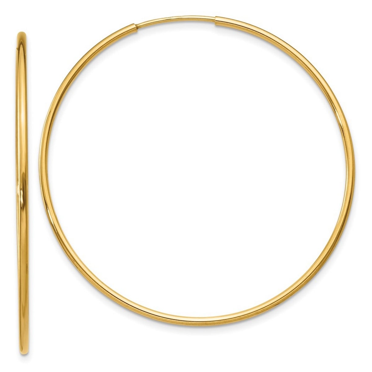 Curata 14k Yellow Gold 1.25mm Polished Seamless Endless Hoop Earrings - 14mm - 70mm