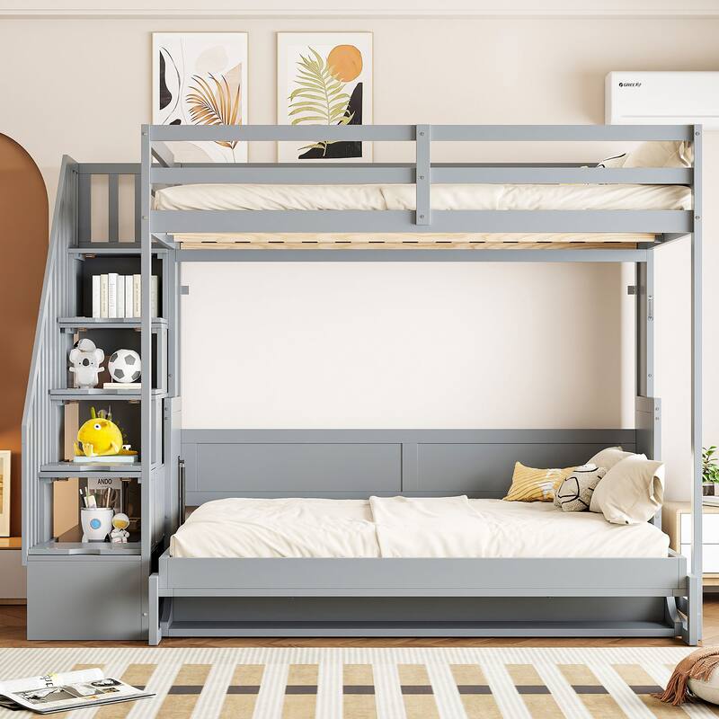Roomfitters Full Size Murphy Bunk Bed with Hydraulic Lift and Hidden Desk, Convertible Design, Grey
