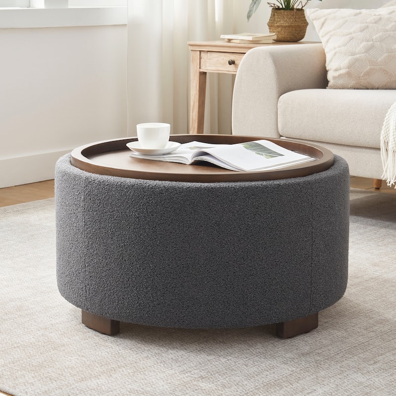 Huimo Modern round wooden tray Ottoman with Storage - Grey