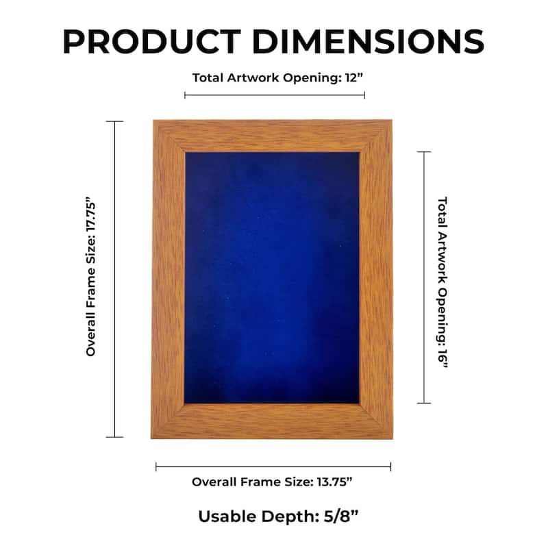 12x16 Shadow Box Frame Light Brown Wood | With a 3/4" Usable Display Depth | Includes a Royal Blue Real Suede Texture Acid-Free