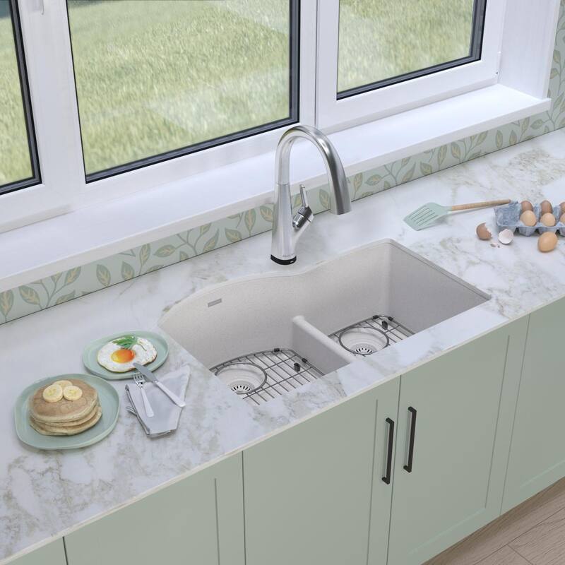 Elkay Quartz Classic 33" x 22" x 10", Offset 60/40 Double Bowl Undermount Sink Kit with Filtered Faucet with Aqua Divide, Black