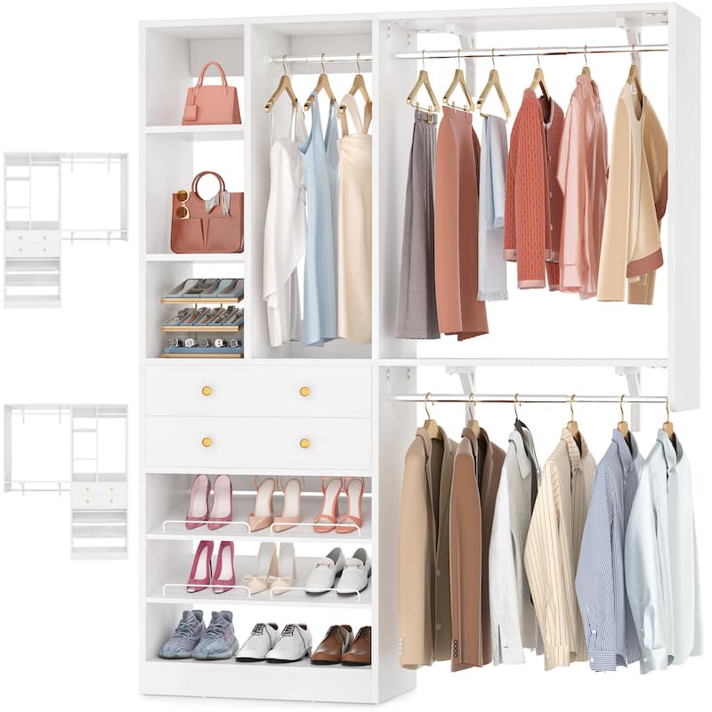 Grimm 5FT Small Closet System with Drawers, 60" Closet Organizer System with Reversible Hanging Shelving